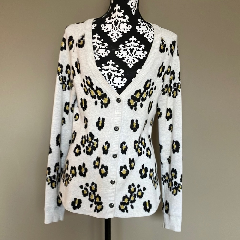 Cabi animal print cardigan in cream with black and green.